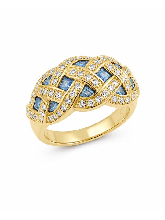Bague en or jaune 750/1000ème tressée avec saphirs et diamants