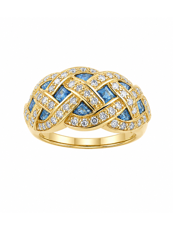 Bague en or jaune 750/1000ème tressée avec saphirs et diamants