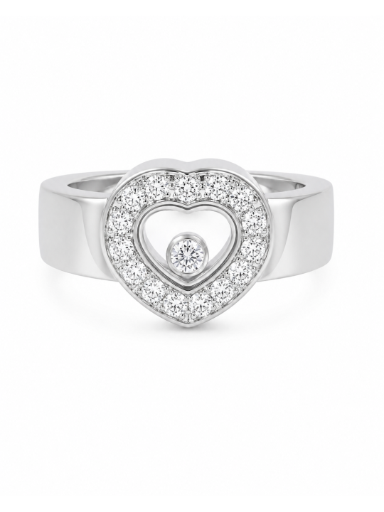 Bague d'occasion Chopard collection happy diamonds icons en or blanc 750/1000ème - coeur en diamants et diamant mobile