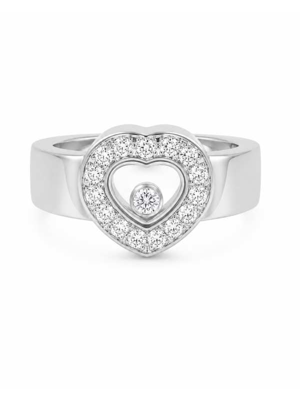 Bague d'occasion Chopard collection happy diamonds icons en or blanc 750/1000ème - coeur en diamants et diamant mobile