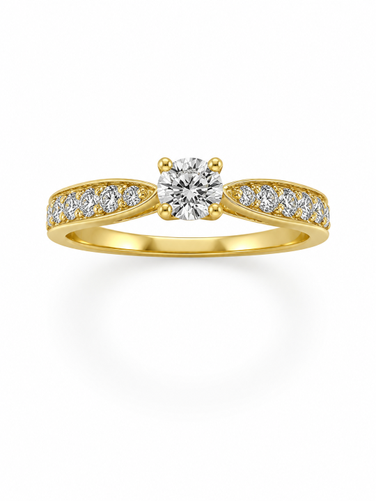 Bague de fiançailles - Solitaire en or jaune 750/1000ème accompagné de diamants sur l'anneau