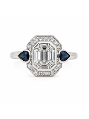 bague cocktail diamants baguettes et brillants sur or blanc gouttes de saphirs