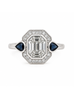bague cocktail diamants baguettes et brillants sur or blanc gouttes de saphirs