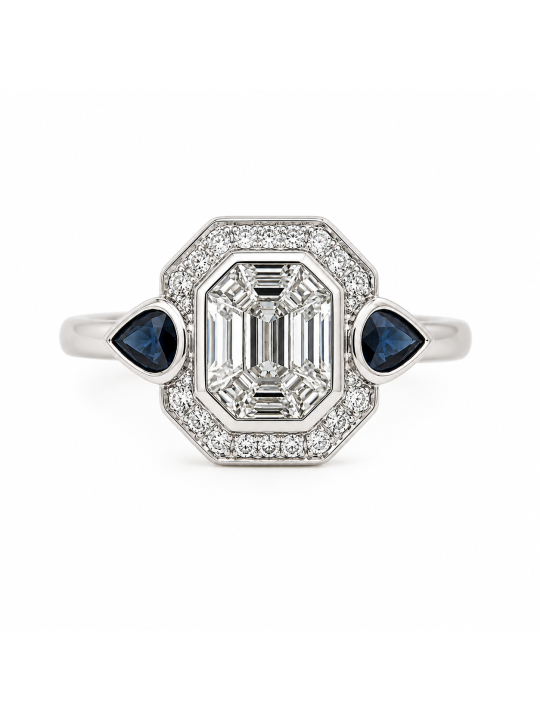 bague cocktail diamants baguettes et brillants sur or blanc gouttes de saphirs