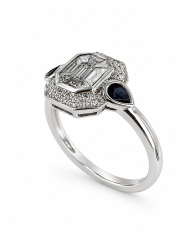 bague cocktail diamants baguettes et brillants sur or blanc gouttes de saphirs