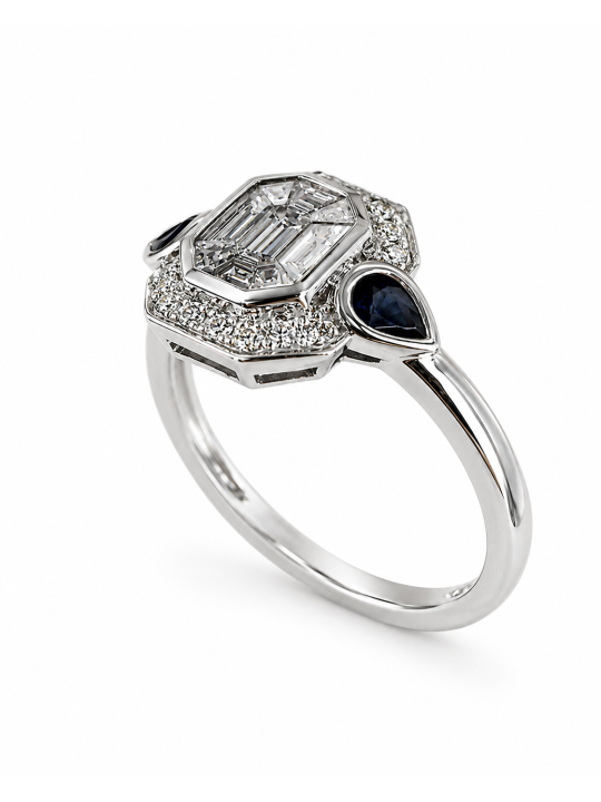 bague cocktail diamants baguettes et brillants sur or blanc gouttes de saphirs