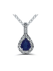 Un pendentif en or blanc 750/1000ème composé d'un saphir en forme de goutte et de diamants