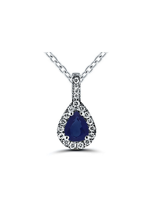 Un pendentif en or blanc 750/1000ème composé d'un saphir en forme de goutte et de diamants