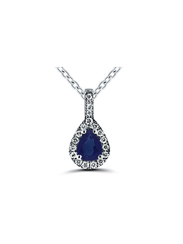 Un pendentif en or blanc 750/1000ème composé d'un saphir en forme de goutte et de diamants