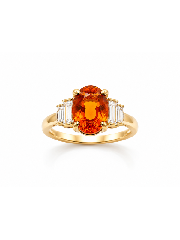 Bague opale de feu ovale et diamants taille baguette