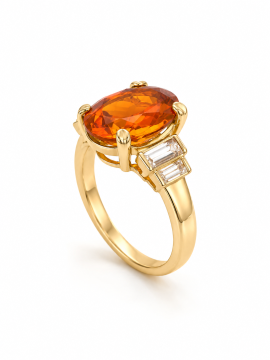 Bague opale de feu ovale et diamants taille baguette