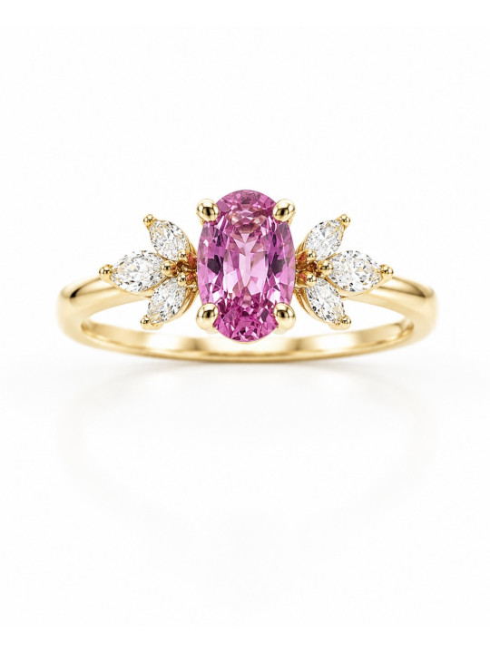 Bague composée d'un saphir rose au centre, et accompagné par 6 diamants baguettes.
