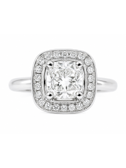 Solitaire taille coussin de 0.82 carat monté sur or blanc 750/1000ème accompagné de diamants en entourage