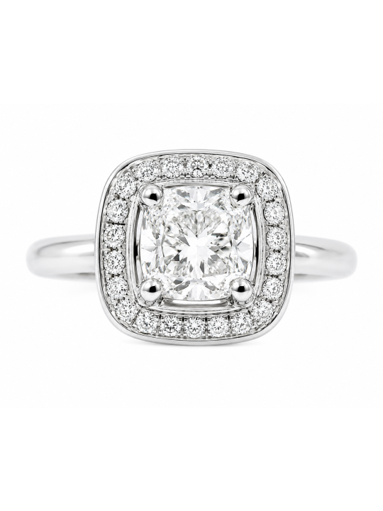 Solitaire taille coussin de 0.82 carat monté sur or blanc 750/1000ème accompagné de diamants en entourage