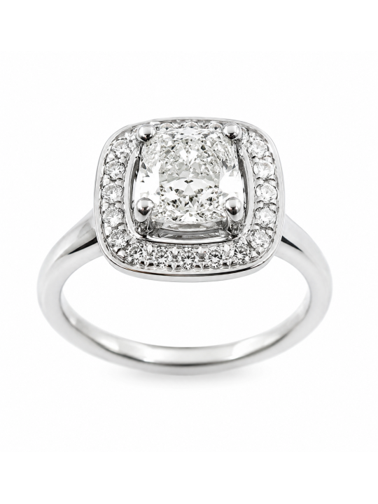 Solitaire taille coussin de 0.82 carat monté sur or blanc 750/1000ème accompagné de diamants en entourage